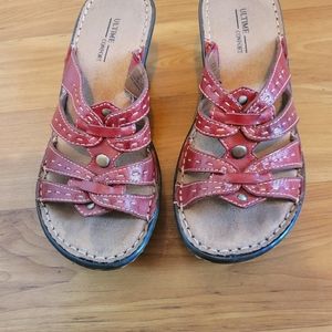 Red leather wedge sandals